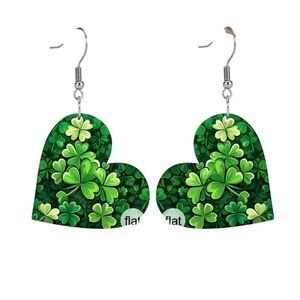 Green Acrylic Heart-Shaped Irish Shamrock Dangle Earrings, St. Patrick'S Day.